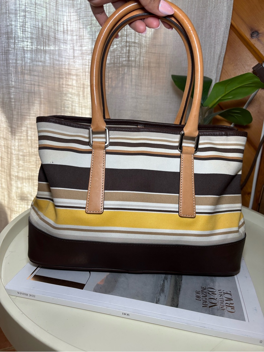 Vintage Coach Striped Brown Tan Beige Yellow Satchel Top Handle Bag Zip vintage - Picture 5 of 8